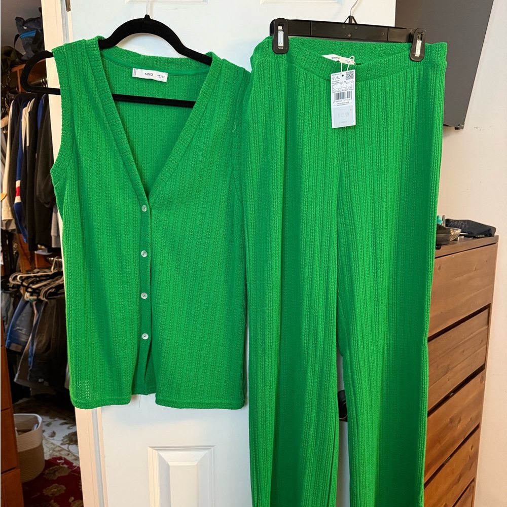 Mango Vibrant Green Knit Pants and Vest Set
